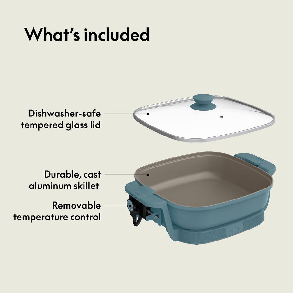 bella Make & Take Electric Skillet, Fits-anywhere™ kitchenware, EverGood™ Ceramic Coating, Adjustable Temperature & Dishwasher-Safe Tempered Glass Lid, Cast Aluminum Base, 1200 Watt, Surf