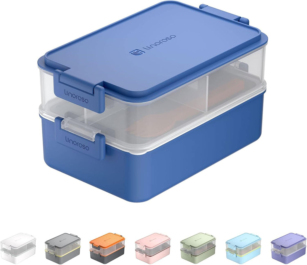 linoroso Stackable Bento Box Adult Lunch Box | Meet All You On-the-Go Needs for Food, Salad and Snack Box, Premium Bento Lunch Box for Adults Include Utensil Set, Dressing Containers - Classic Blue