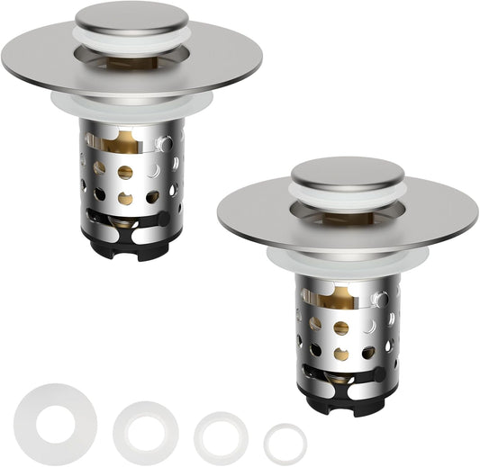 Universal Bathroom Sink Stopper Hair Catcher Upgraded with 2-Layer Detachable Filter Basket, 2PCS 4 in 1 Pop Up Drain Strainer, Anti-Clog, Odor-Block, Fit for 1.1''~2.36'' Sinks, Brushed Nickel