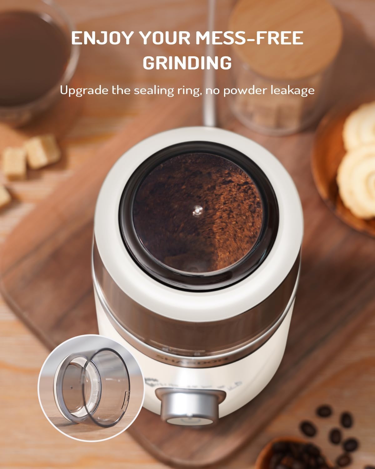 SHARDOR Electric Super Silent Blade Coffee Grinder, Timed Grind Control Rotary Knob, Adjustable Coarse to Fine for Coffee Beans, Spices & Herbs, with 1 Removable Stainless Steel Bowl, Cream