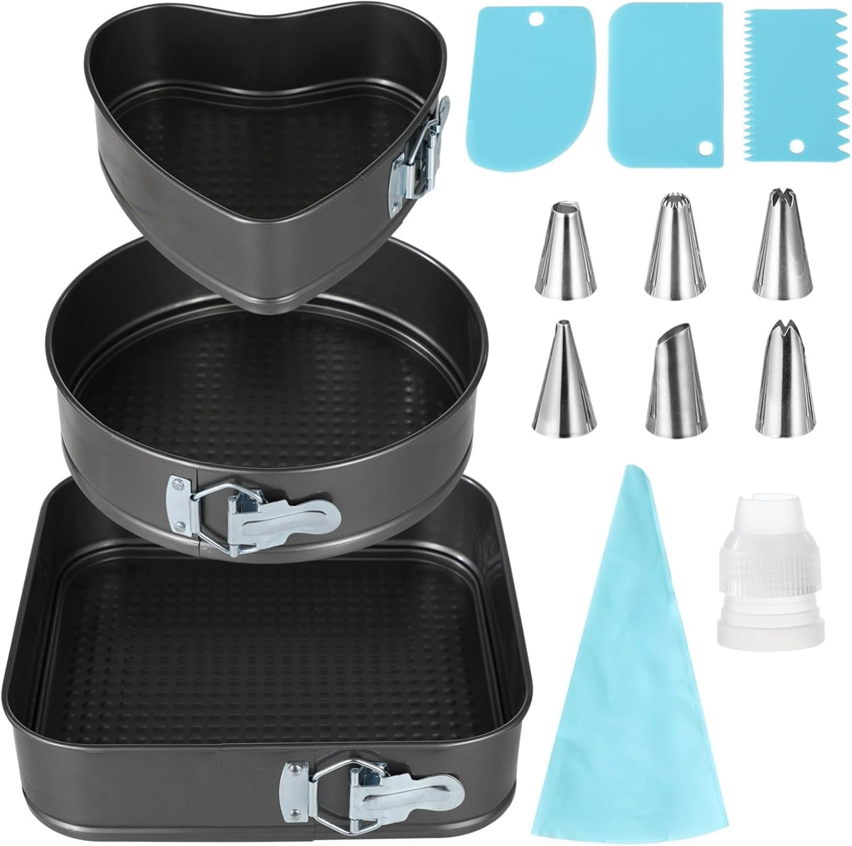 Springform Cake Pans Set, 3 PCS Non-stick Cheesecake Pan with Removable Bottom (8.6/9.4/10.2 Inches), Leakproof Heart Round Square Shapes Cake Pan with Piping Tips, Cake Leveler