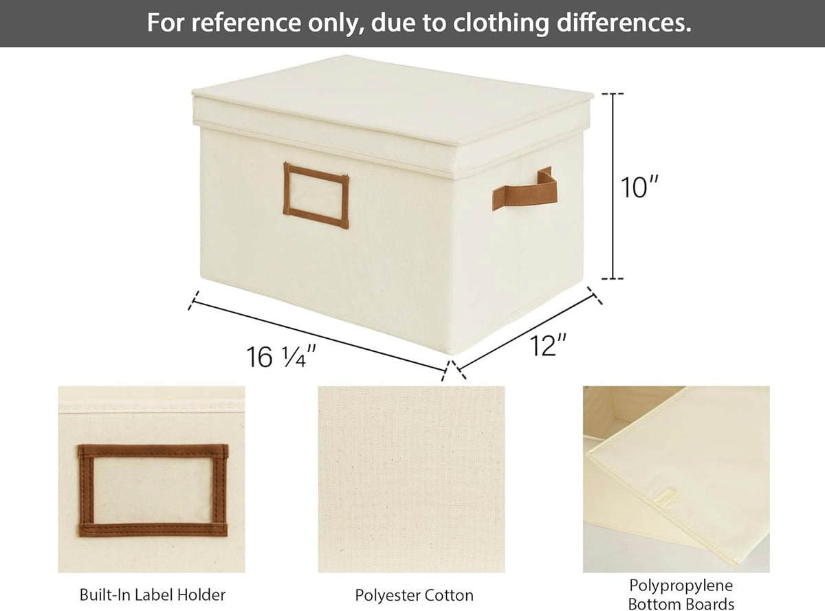 StorageWorks Storage Bins with Lids, Decorative Storage Boxes with Lid and PU Handles, Foldable Storage Baskets for Closet, Shelves, Stackable, Ivory White, Jumbo, 3-Pack