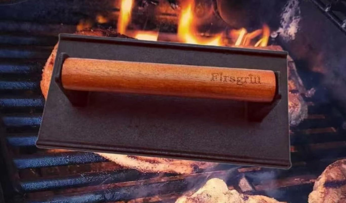 Cast Iron Grill Presses with Wood Handle (Round & Rectangle w Flat Bottom)