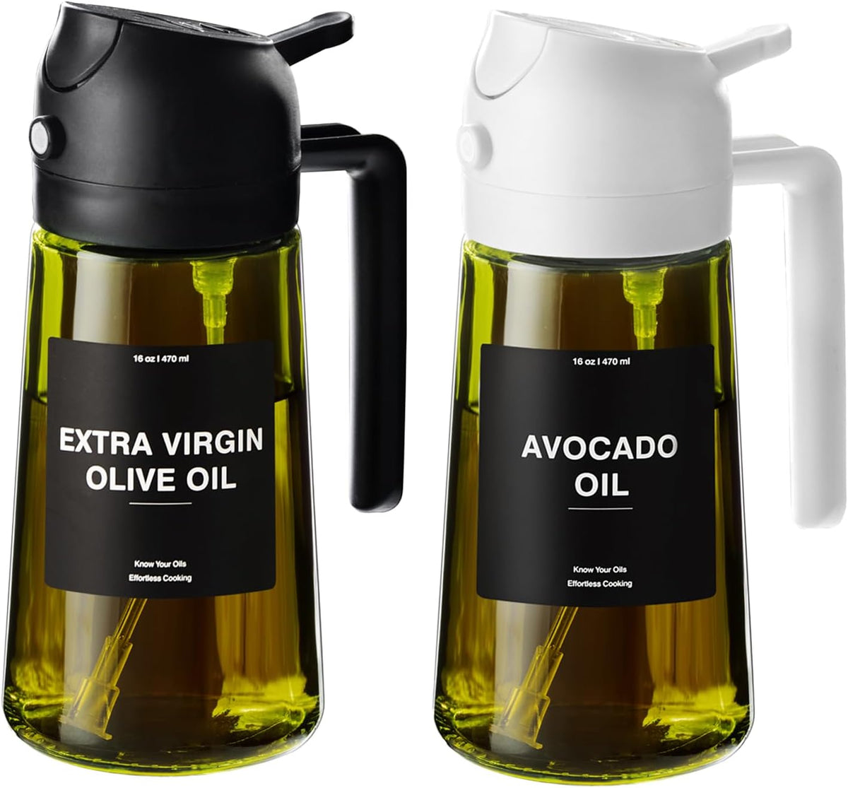 CXINYI - 16oz/470ml Olive Oil Dispenser for Kitchen with Stickers - 2 in 1 Olive Oil Sprayer for Cooking, Air Fryer, and Salad, Black&White (Light-Proof Kitchen Gadget)