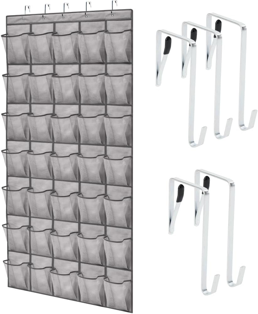 GORILLA GRIP Over the Door Shoe Organizer, 35 Large Breathable Mesh Pockets, Space Saving Hanging Storage Holder, 5 Hook Closet Rack Hanger, Hangs on Closets for Shoes, Accessories 68.5H x 24.5W Gray
