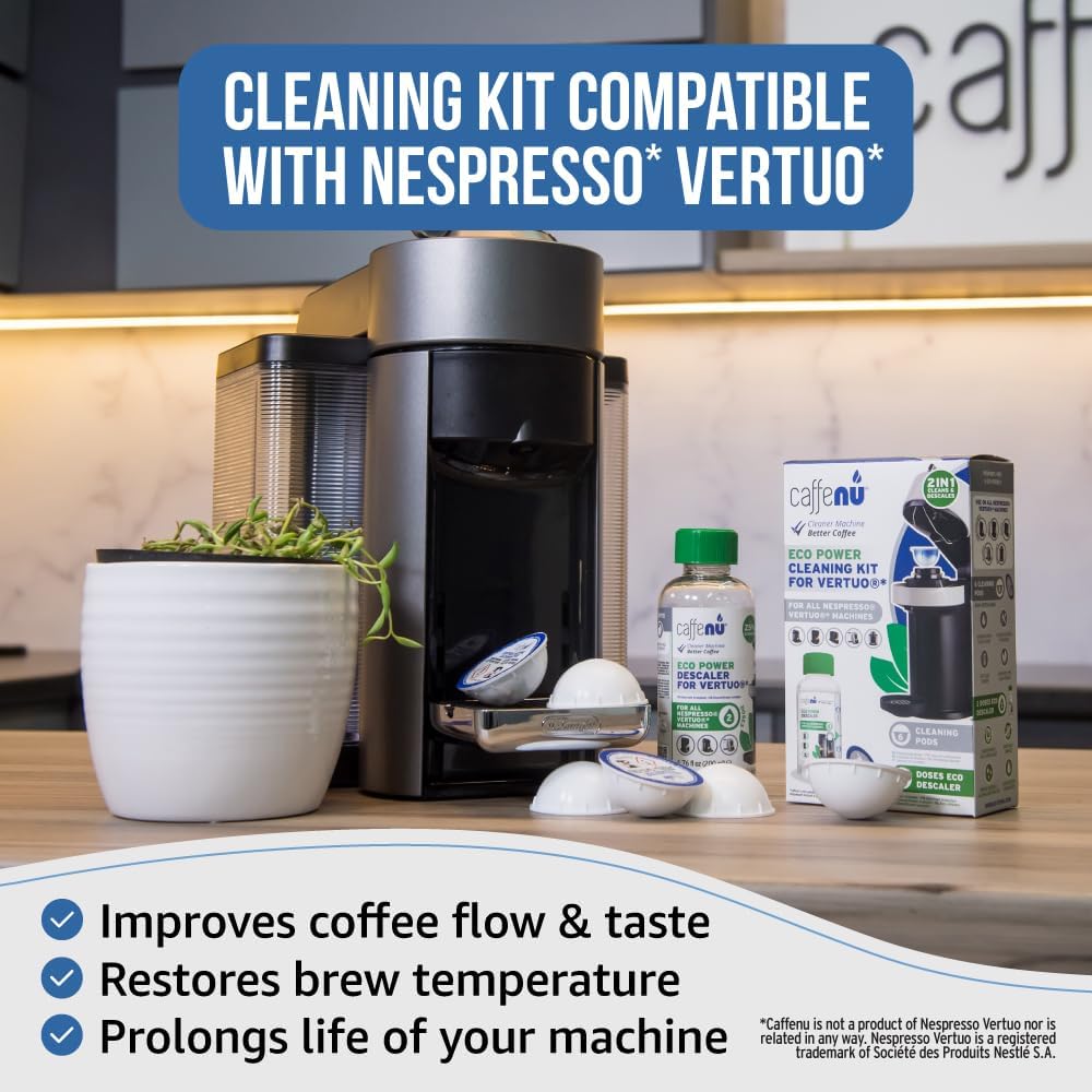 Caffenu Descaling Kit Compatible with Nespresso Vertuo, 2 Uses Descaling Solution and 6 Cleaner Pods. Removes Limescale & Cleans Pod Area. Better Tasting & Hotter Coffee. 4 Months Supply.