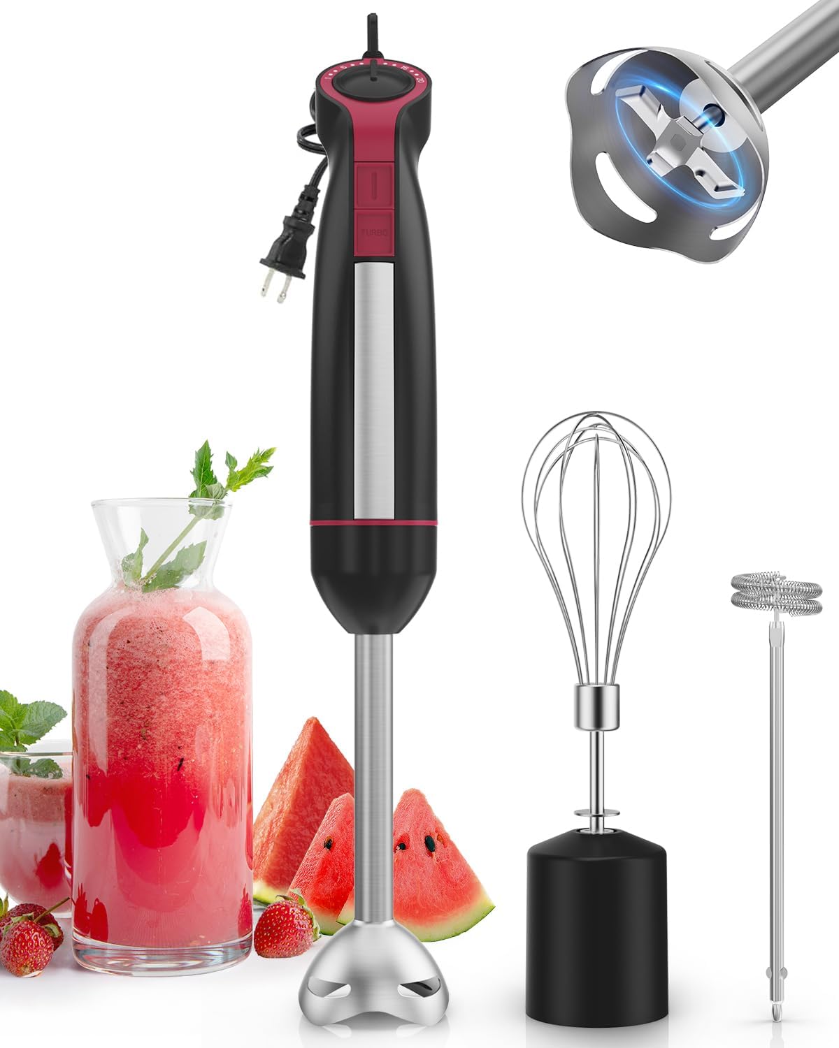 Immersion Blender Handheld 1000W, 3 in 1 Stick Hand Blenders for Kitchen with 20 Variable Speeds & Turbo, 304 Stainless Steel with Electric Whisk & Milk Frother Attachments for Soup, Puree & Emulsion