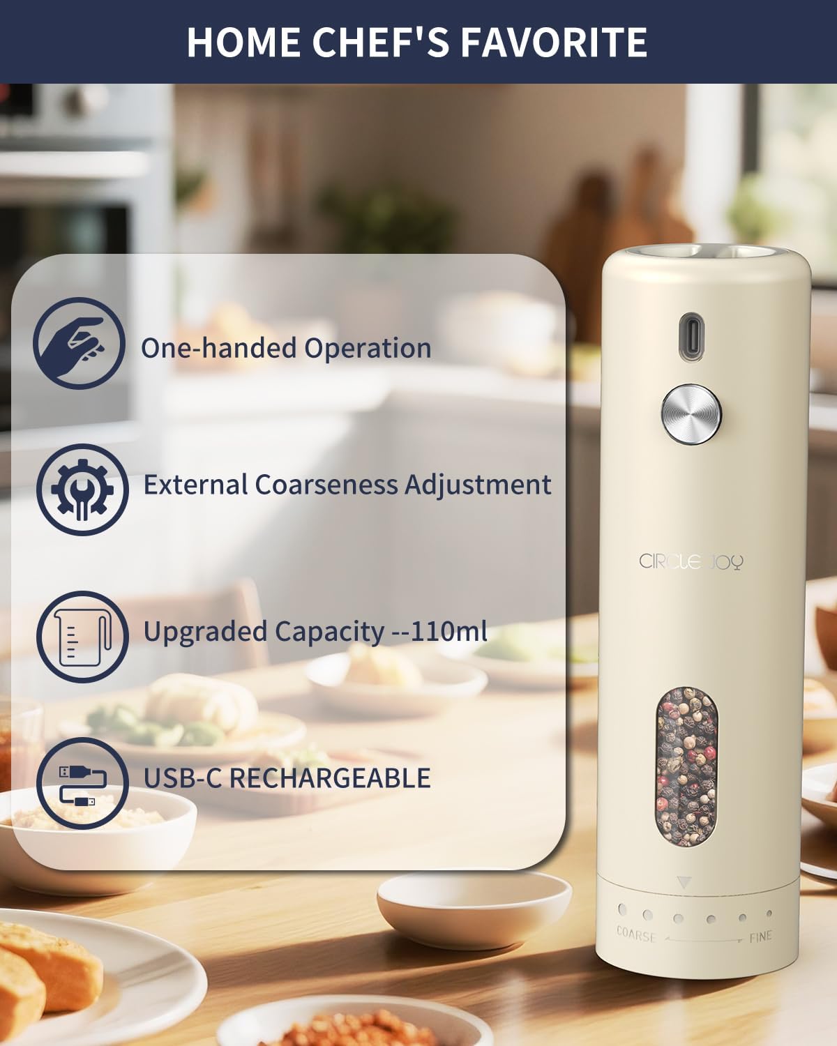 CIRCLE JOY Rechargeable Electric Salt and Pepper Grinder Set with Base, Automatic Pepper Mills with 110ml Container, External Adjustable Coarseness, White Led Light and One-Handed Operation, Begie