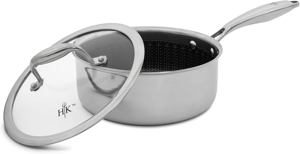 Hell's Kitchen Hybrid 2.5 Qt Saucepan and lid, Tri-Clad Stainless Steel and Nonstick Ceramic, PFAS Free, no PFOA, no PTFE, no Teflon, Non Toxic Cookware, Metal Utensil Safe, All Cooktops and Oven Safe