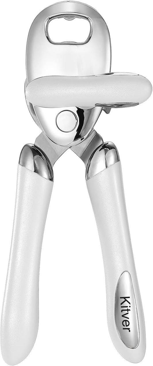 Multi-function Manual Can Opener Bottle Opener, Oversized Hand-held Easy Rotary Knob, Safe Cut Can Opener with Non-Slip Handle, Smoother Cut Sharp Blade for Seniors Kitchen Tool, White