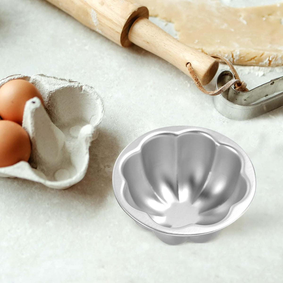 6pcs Egg Tart Molds Muffin Tin Pans Mini Single Cupcake Baking Molds Flower Shaped Aluminum Alloy Pudding Cups for Kitchen Cooking 9.5cm Cake Stencil
