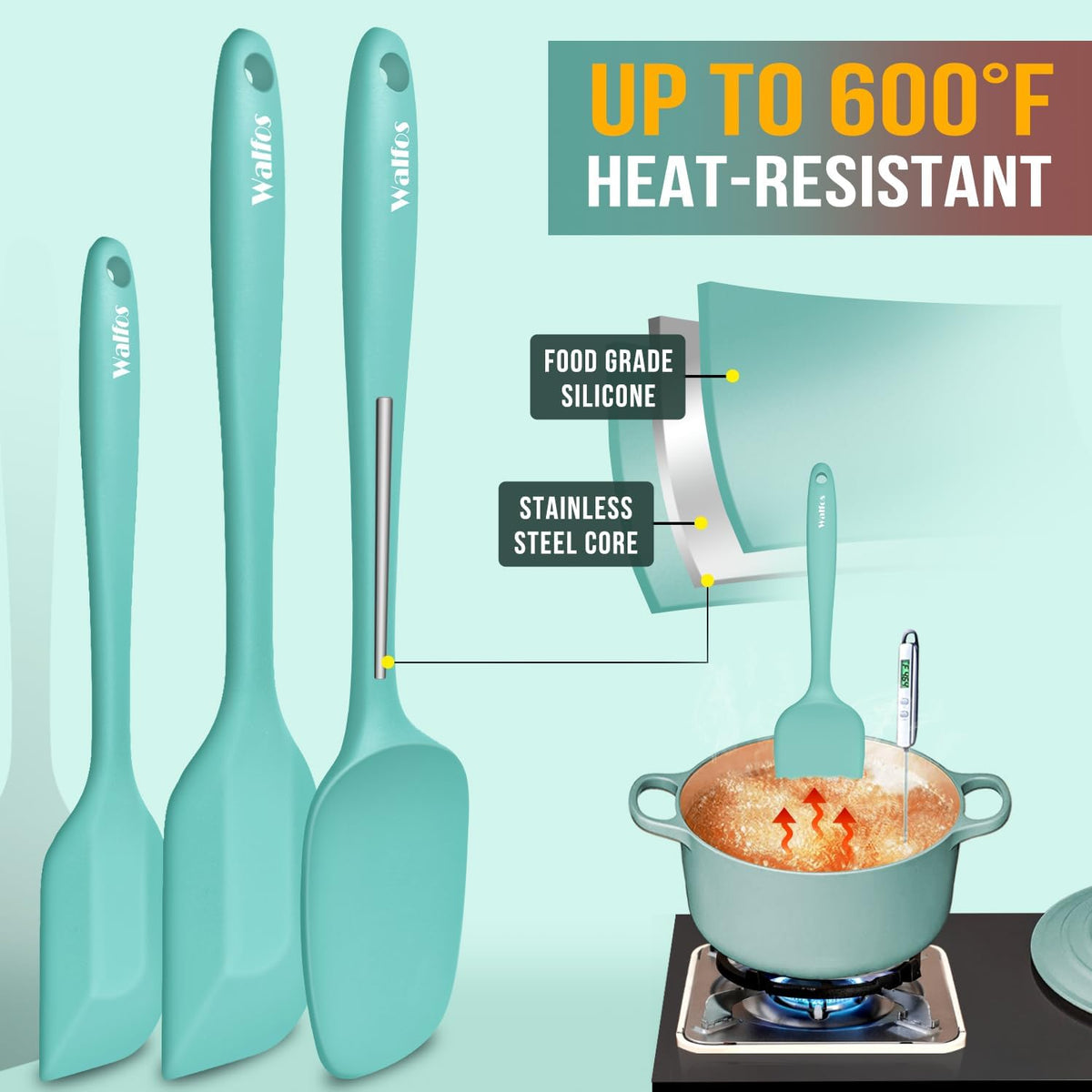 Walfos Silicone Spatula - 600°F High Heat Resistant Kitchen Spoon Spatulas（set of 5), Strong Steel Core and One-Pieces Design, For Cooking Mixing & Baking - BPA Free and Dishwasher Safe (Teal/Aqua)