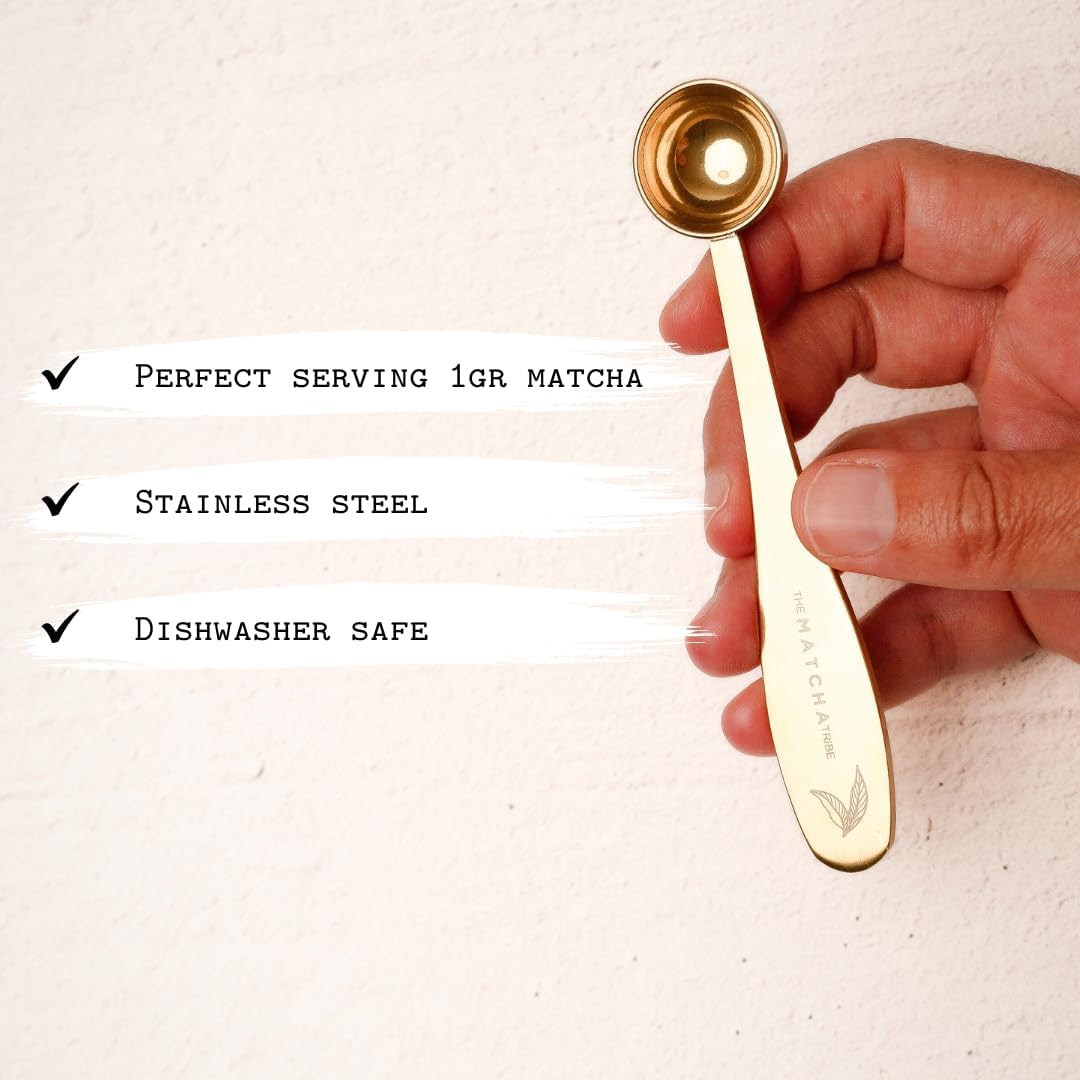 Golden Stainless Steel 1 gram Matcha Measuring Spoon (1/2 teaspoon). Scoop your Matcha with Precision for Perfect Servings while upgrading your Matcha station within your kitchen inventory!