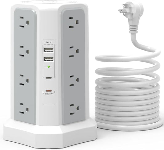 Surge Protector Power Strip with PD20W USB C,13A Thicker Extension Cord with Multiple Outlets 6FT Fararaka Tower Power Strip with USB Ports 2A2C,16AC,Office Supplies Dorm Essentials