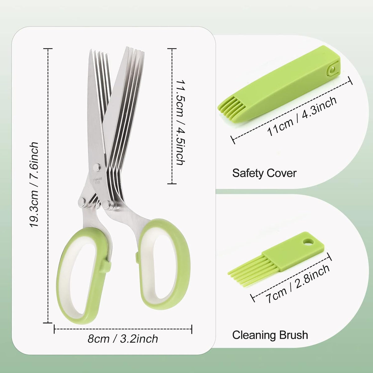 Herb scissors, Multipurpose Cutting Shears with 5 Blade Kitchen Salad Scissors, Safety Cover and Cleaning Comb for Chopping Cilantro Onion Basil Chive Parsley, Green