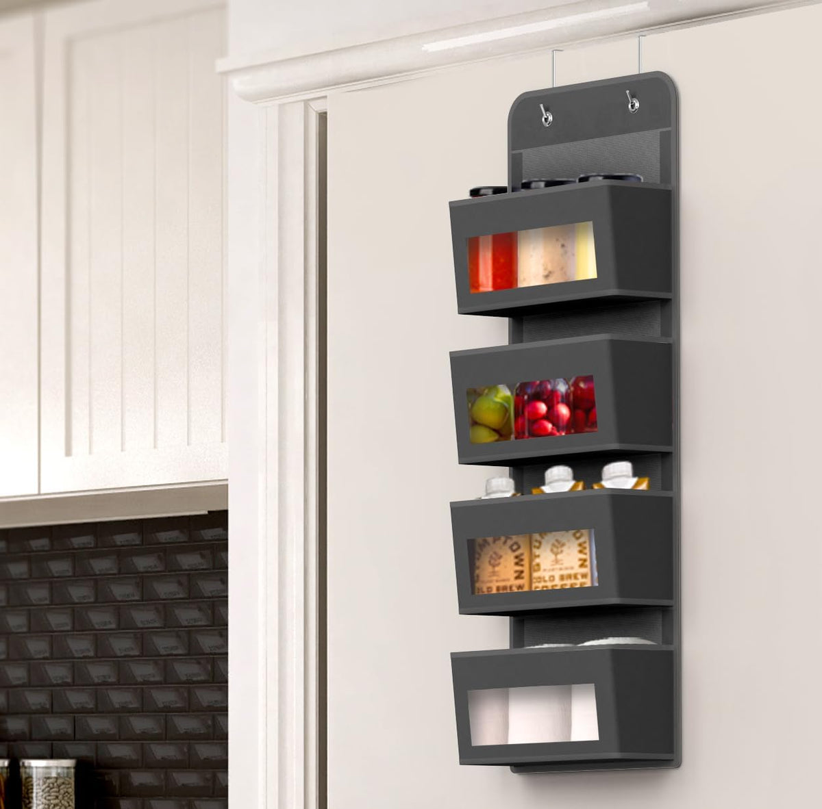 Simple Houseware 4 Clear Window Pocket Over Closet Door Storage Hanging Organizer for Bedroom, Bathroom, Pantry, Dark Grey