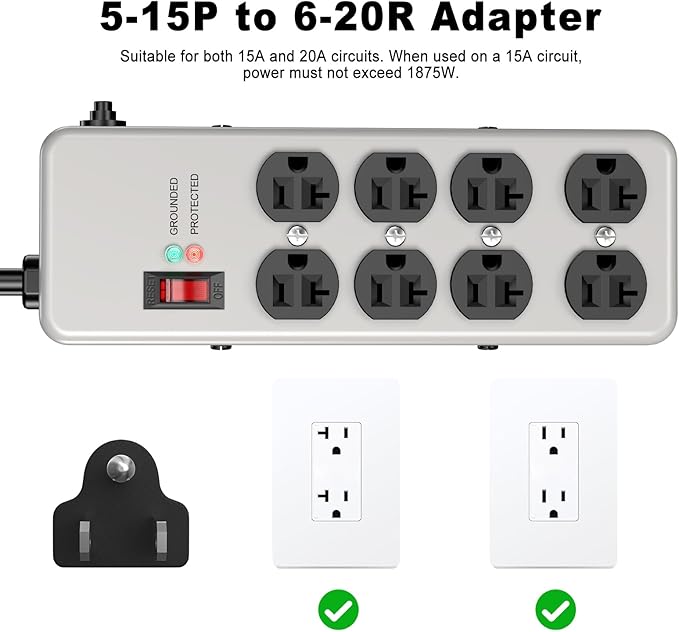 HEZI 20A Power Strip Surge Protector Durable Metal 8-Outlet with Heavy Duty 20 Amp Extension Cord,12 Gauge for Garage,Workshop & Industrial Use with 6-20R T-Slot Outlets,4800J(Grey,6FT)