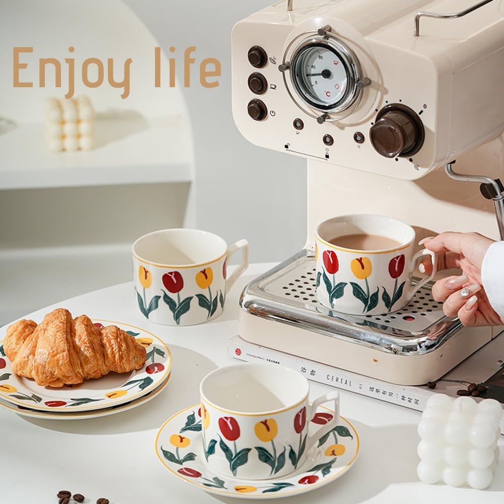 Ceramic Coffee Cup with Saucer, 8.5oz Floral Porcelain Tea Cup with Premium Gold Spoon and Gift Box, Dishwasher and Microwave Safe, Cup Mug for Coffee Cappuccino Espresso Latte