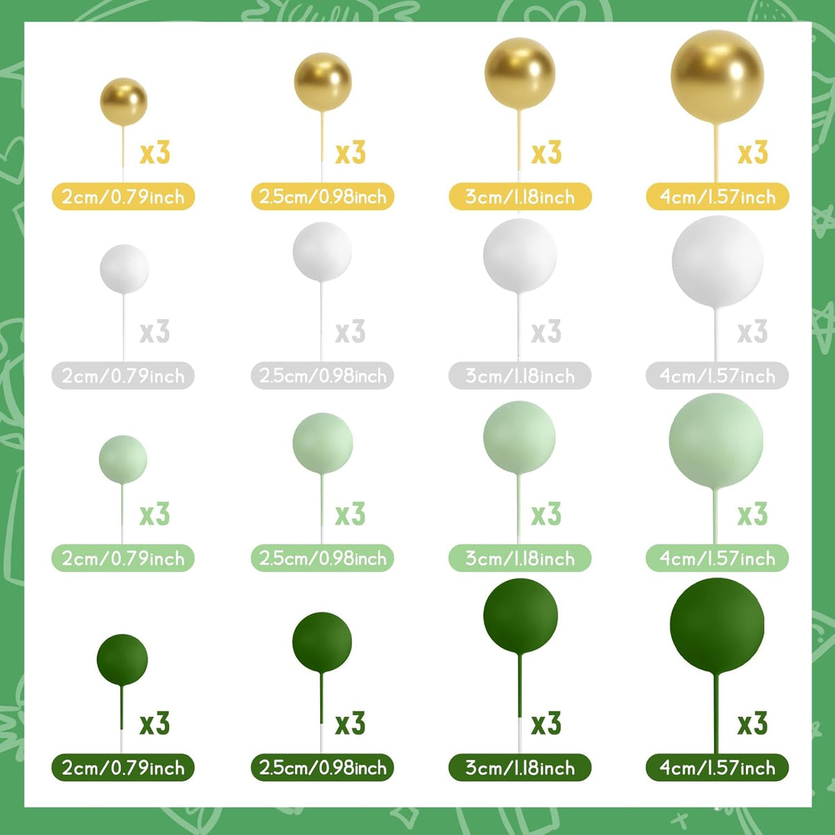48 Pcs Cake Topper Decorations - Balloon Cupcake Toppers, Foam Balls for Birthday Party Wedding Cake Decorating (Green, Light Green, White, Gold)