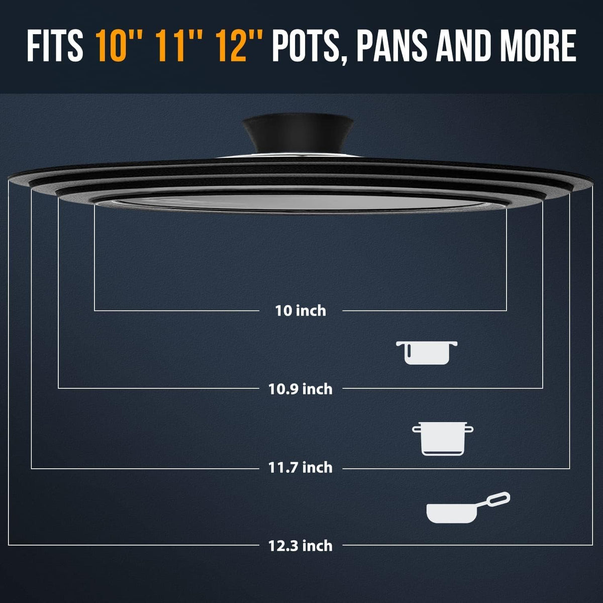 Universal Lid for Pots, Pans and Skillets - Tempered Glass with Heat Resistant Silicone Rim, Fits 10", 11" and 12" Diameter Cookware, Round
