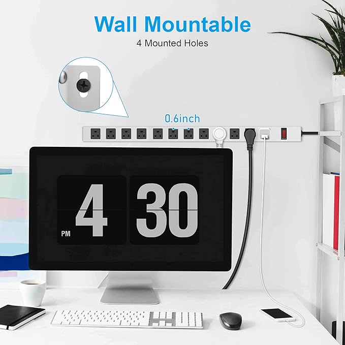 JUNNUJ Metal 12 Outlet Power Strip, Mountable Heavy Duty Power Strip, 1200J Surge Protector Wall Mount Screws Outlet with Switch, Gaming Desk Strips Wide Spaced 15A 125V 1875W, 10 FT 14AWG Power Cord