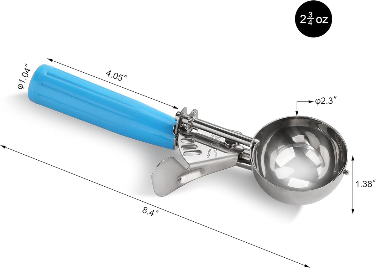 New Star Foodservice 34820 Commercial-Grade Thumb Press Food Disher/Ice Cream Scoop, 18/8 Stainless Steel, 2.75 oz, Size 16, Blue