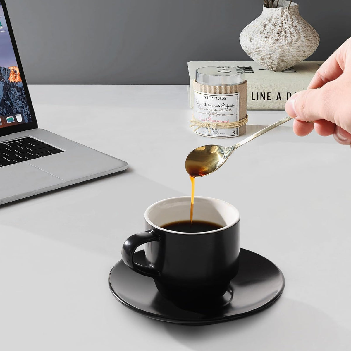 Lareina Porcelain 3-Ounce Espresso Cups Set of 6, Small Stackable Coffee Cups with Saucers, Spoons and Metal Stand - Ceramic Demitasse Mugs, Double Shots Expresso Cup, Matte Black
