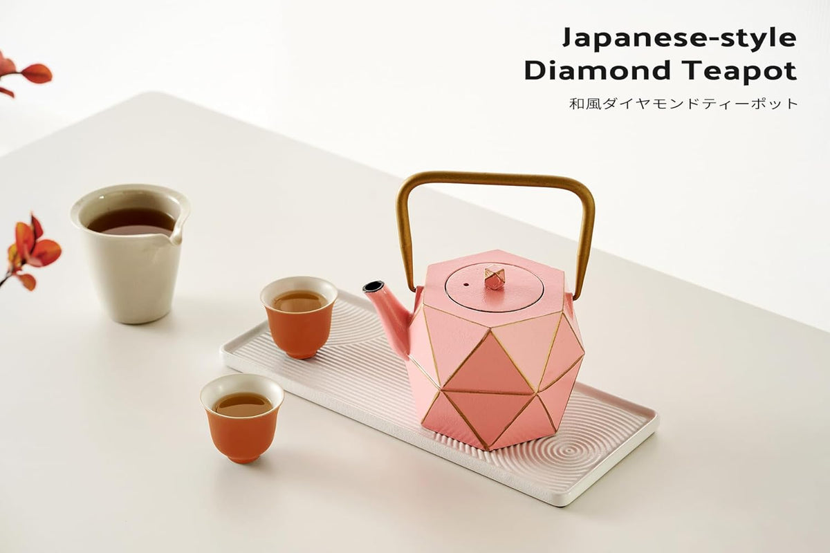 Toptier Cast Iron Teapot, Stovetop Safe Japanese Cast Iron Tea Kettle, Diamond Design Tea Pot with Removable Infuser for Loose Tea, 30 Ounce (900 ml), Pink