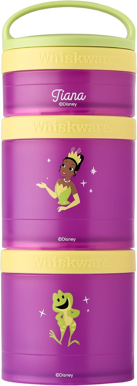 Whiskware Disney Princess and the Frog, Stackable Snack Containers for Kids, 3 Stackable Snack Cups for School or Travel, Formula and Cupholder Friendly, Tiana