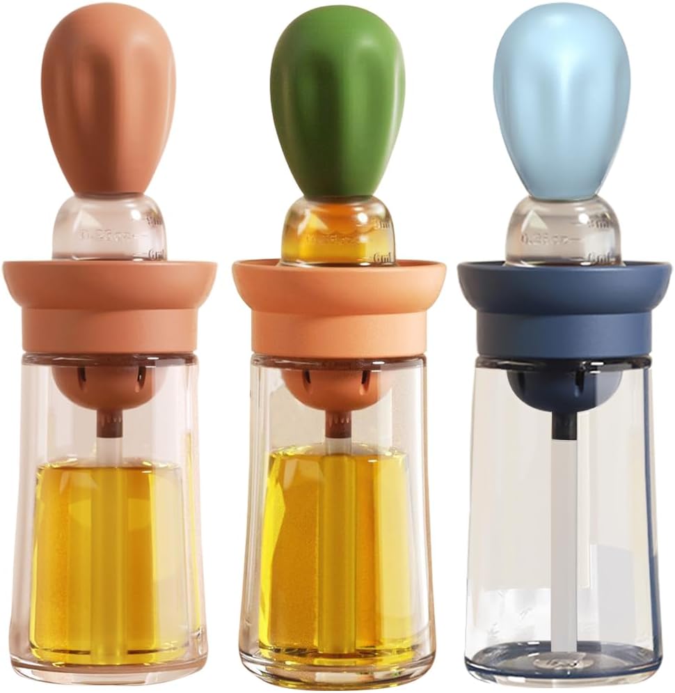 Oil Dispenser with Brush - 3 Pack Glass 2 IN 1 Oil Dispensing Bottle with Basting Brush for Cooking Frying Baking Kitchen, 180ml, T-OB21 Blue+Green+Red