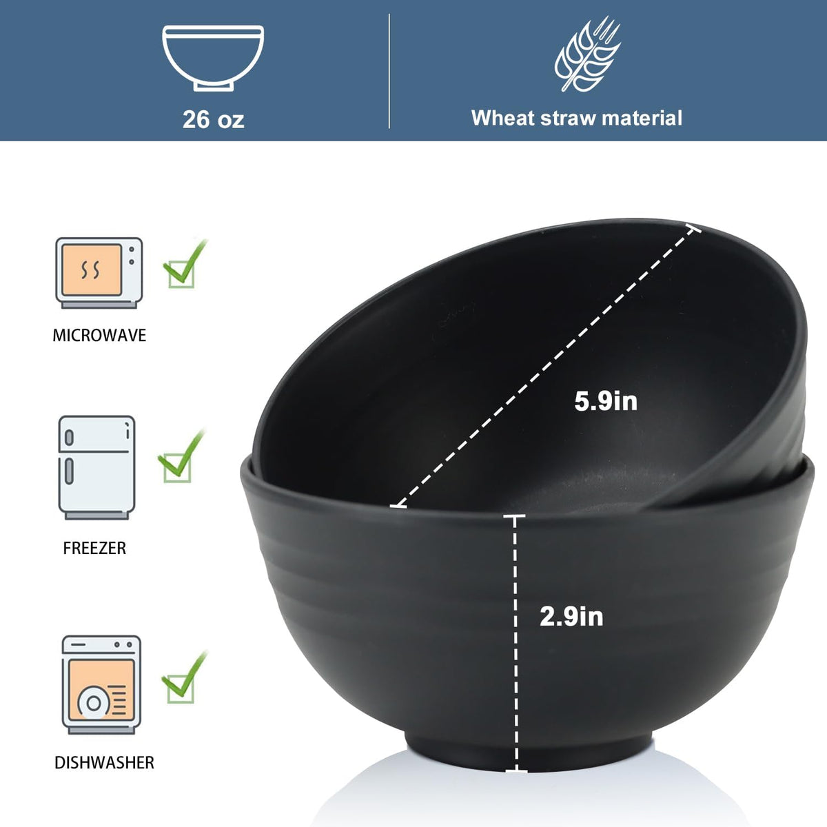 Wheat Straw Bowl Sets,8 PCS Unbreakable Cereal Bowls 26 OZ,Microwave and Dishwasher Safe Bowls,Alternative Plastic Bowl Reusable for cereal,salad,snack and soup (Pure Black)
