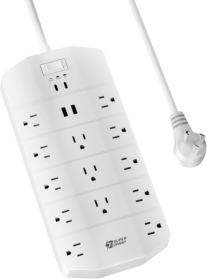 Power Strip,SUPERDANNY 5000 Joules Surge Protector with 13 AC Outlets 2 USB-A & 2 USB-C PD 20W Fast Charging Heavy Duty 14AWG/3C Industrial Grade 6ft Extension Cord for Workbench Home Office White
