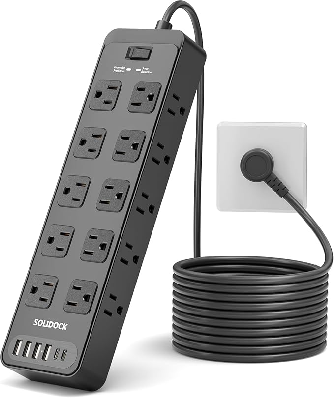 Power Strip Surge Protector Flat Plug with 20 AC Outlets 6 USB Chagring Ports, 1875W/15A, 2700J, 15 Feet Heavy Duty Extension Cord for Home, Office, Dorm, Gaming,ETL Listed (Black, 15FT)