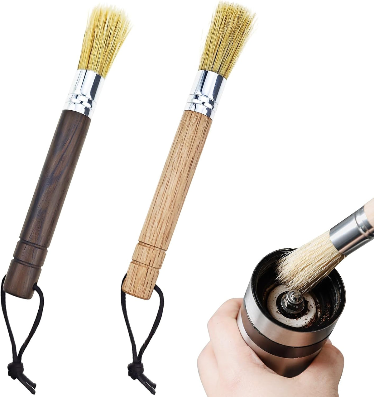 2 PACK Coffee Grinder Cleaning Brush, Espresso Maker/Machine Cleaner Tool for Camping Home Kitchen Barista, Leather Hanging