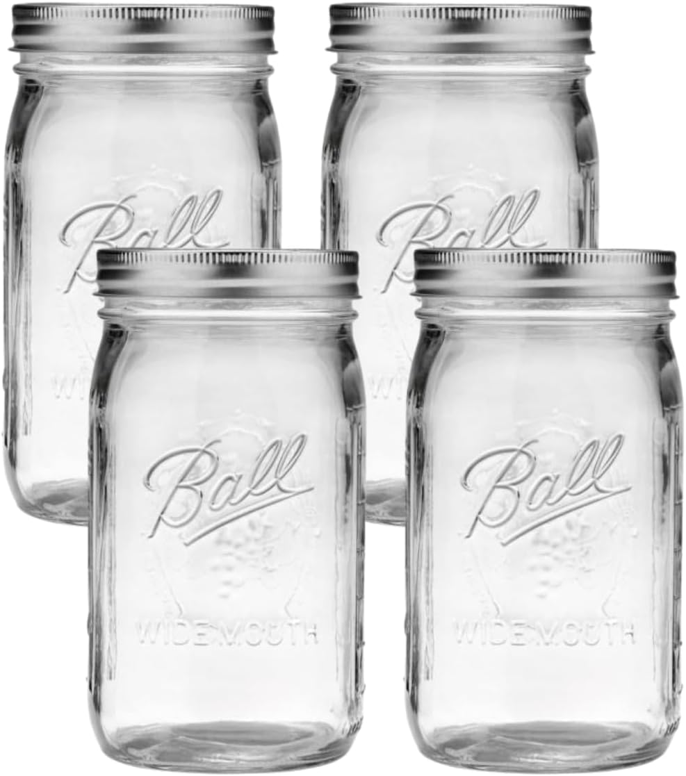 Ball Glass Mason Jars with Lids and Bands, Used for Canning, Pickling, Juice, Jam, Jelly (Quart, 32 Ounce (Pack of 4))
