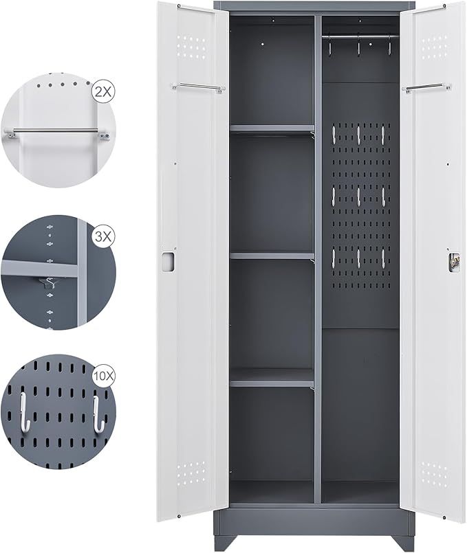 FLEXIMOUNTS 65'' Tall Metal Storage Cabinet with Locking Door, Large Cleaning Tool Organizer for Brooms, Garage, Laundry Room, Bathroom, Grey-White