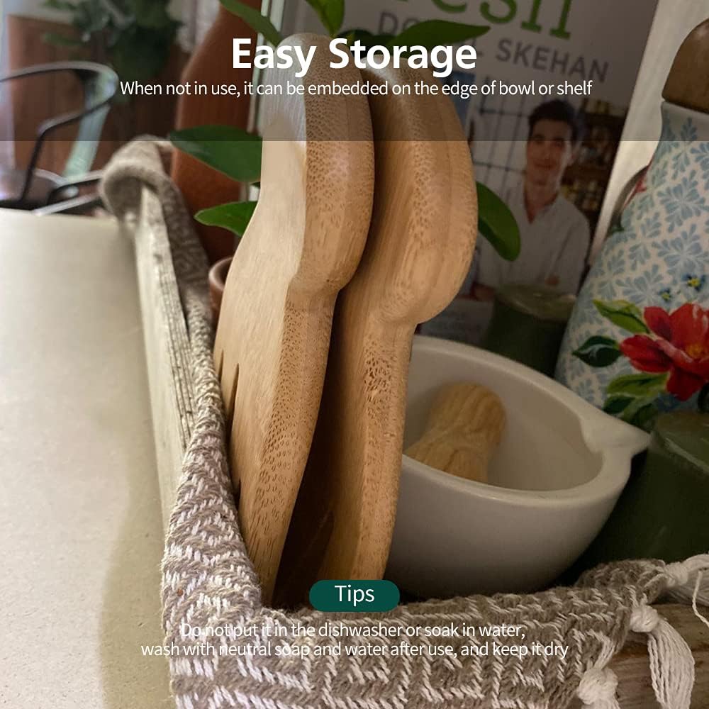 Bamboo Salad Hands, 2pcs 7.1in Bamboo Salad Server, Bamboo Kitchen Helper With Smooth Surface by Hand Grinding, Salad Claws Set for Serving Salad, Pasta, Fruit on Your Kitchen (2pcs Salad Hand)