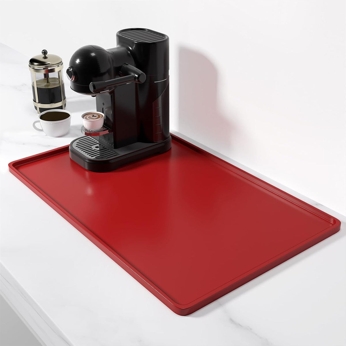 Rnivvi Silicone Coffee Mat, 12" x 19" Waterproof Raised Edge Coffee Bar Mats for Espresso Machine Station Accessories, Heat Resistant Dish Drying Pad for Kitchen Counter, Rubber Bar Decor Pad, Red