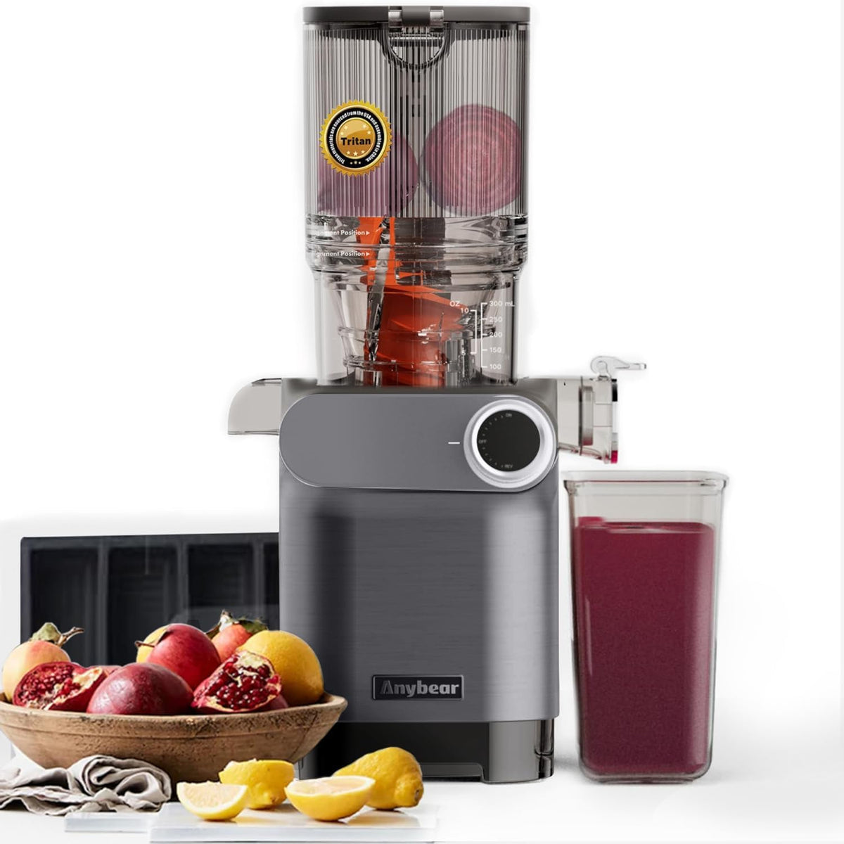 Cold Press Juicer, 200W Slow Masticating Juicer 4.3" Large Feed Chute Fit Whole Fruits Vegetables | Heavy Duty Auger | Tritan Materials | BPA Free | Easy to Clean (Gray)
