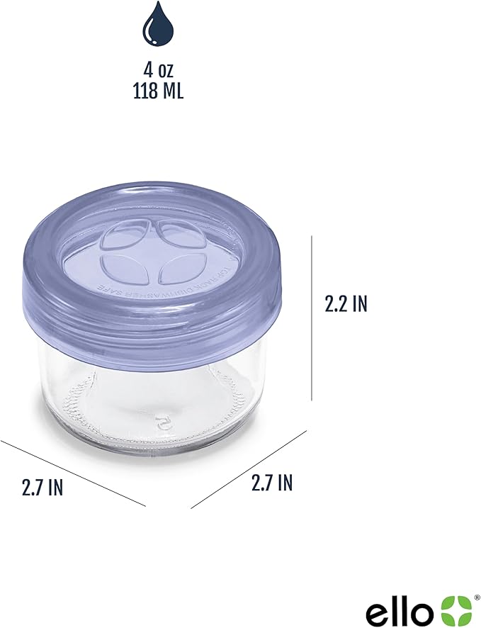 Ello Color Lock 3-Pack 4oz Reusable Glass Condiment Containers with Screw-on Leak-Proof Lid, Perfect for Salad Dressing Sauce Dips, Lunchbox Picnic, BPA-Free, Purple Rain