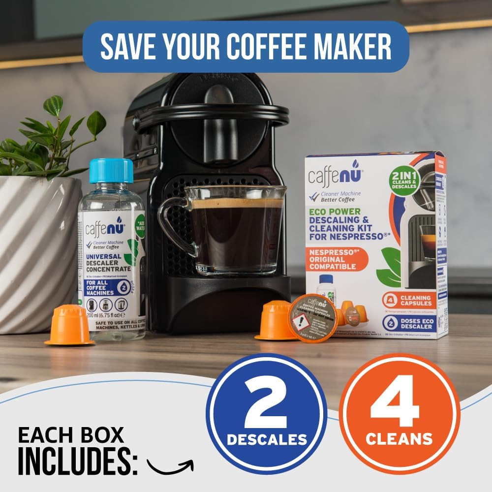 Nespresso Compatible Descaling Kit & Cleaning Pods. 2 Use Descaling Solution & 4 Cleaner Pods. Removes Limescale & Cleans Pod Area. Better Tasting, Hotter Coffee. Nespresso Originaline.