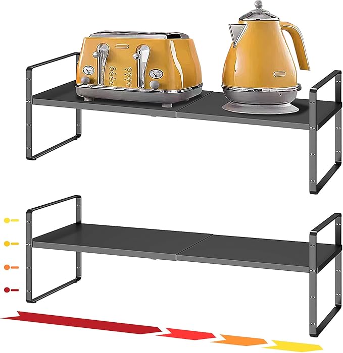 16.5~27.1" Expandable Shelf Organizer, 2Pack 8.1" Wide Stackable Cabinet Shelf Organizers, Black Metal Sturdy Kitchen Counter Storage for Countertop, Adjustable Height Spice Rack
