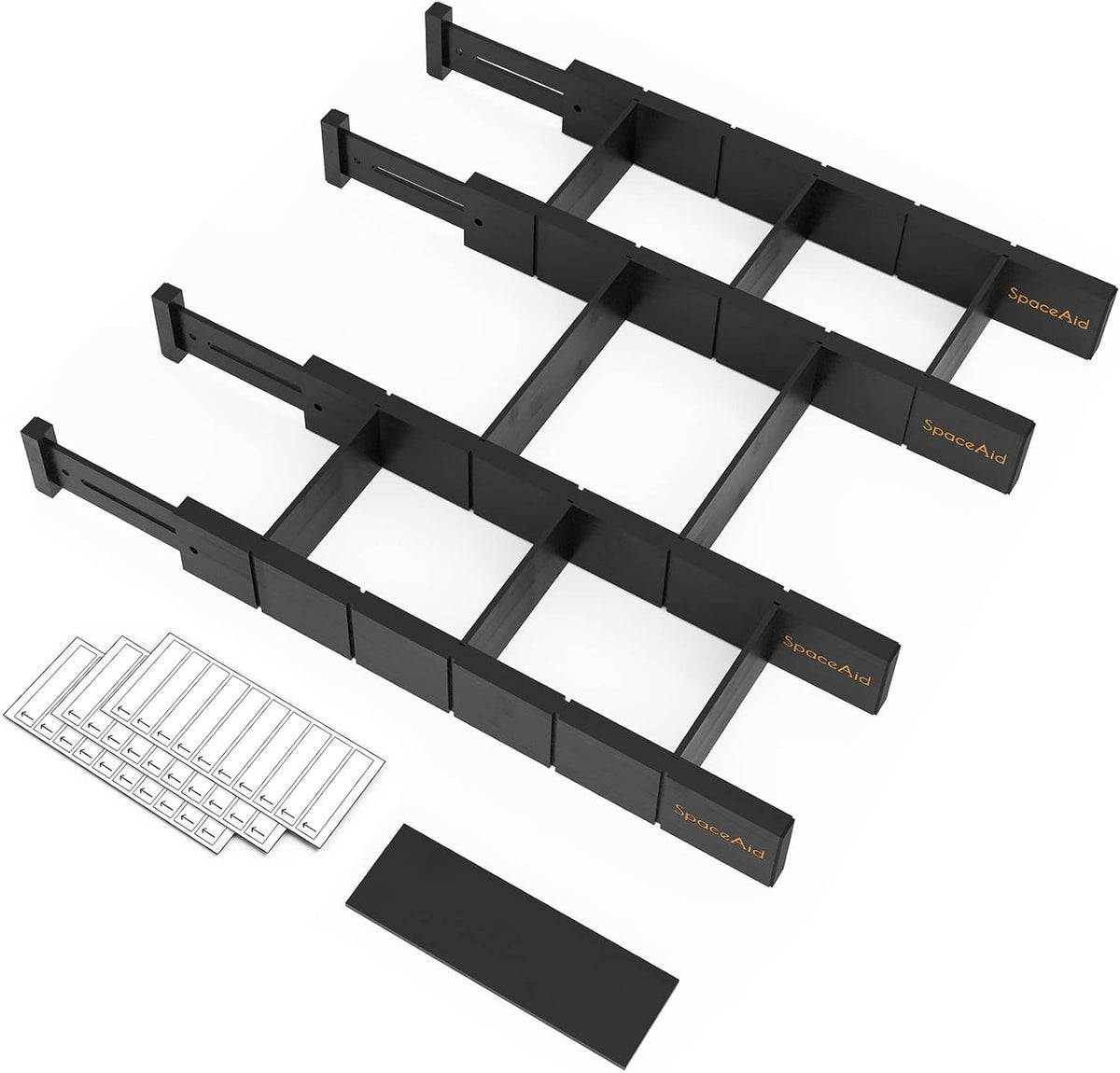 SpaceAid Bamboo Drawer Dividers with Inserts and Labels, Kitchen Adjustable Drawer Organizers, Expandable Organization for Home, Office, Dressers, 4 Dividers with 9 Inserts (17"-22" Black)