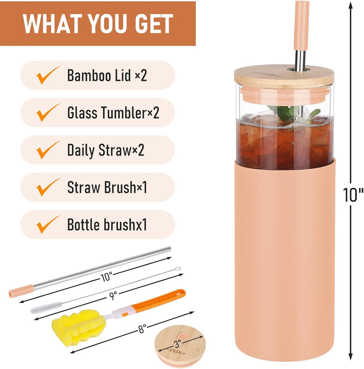 Glass Tumbler w/Lids & Straw - 24oz Reusable Glass Mug/Bamboo Lid & Stainless Steel Straw-BPA Free, Leak-Proof, Dishwash Safe for Coffee, Smoothies, Hot Beverages, Travel, Office, Home Use，2-PK