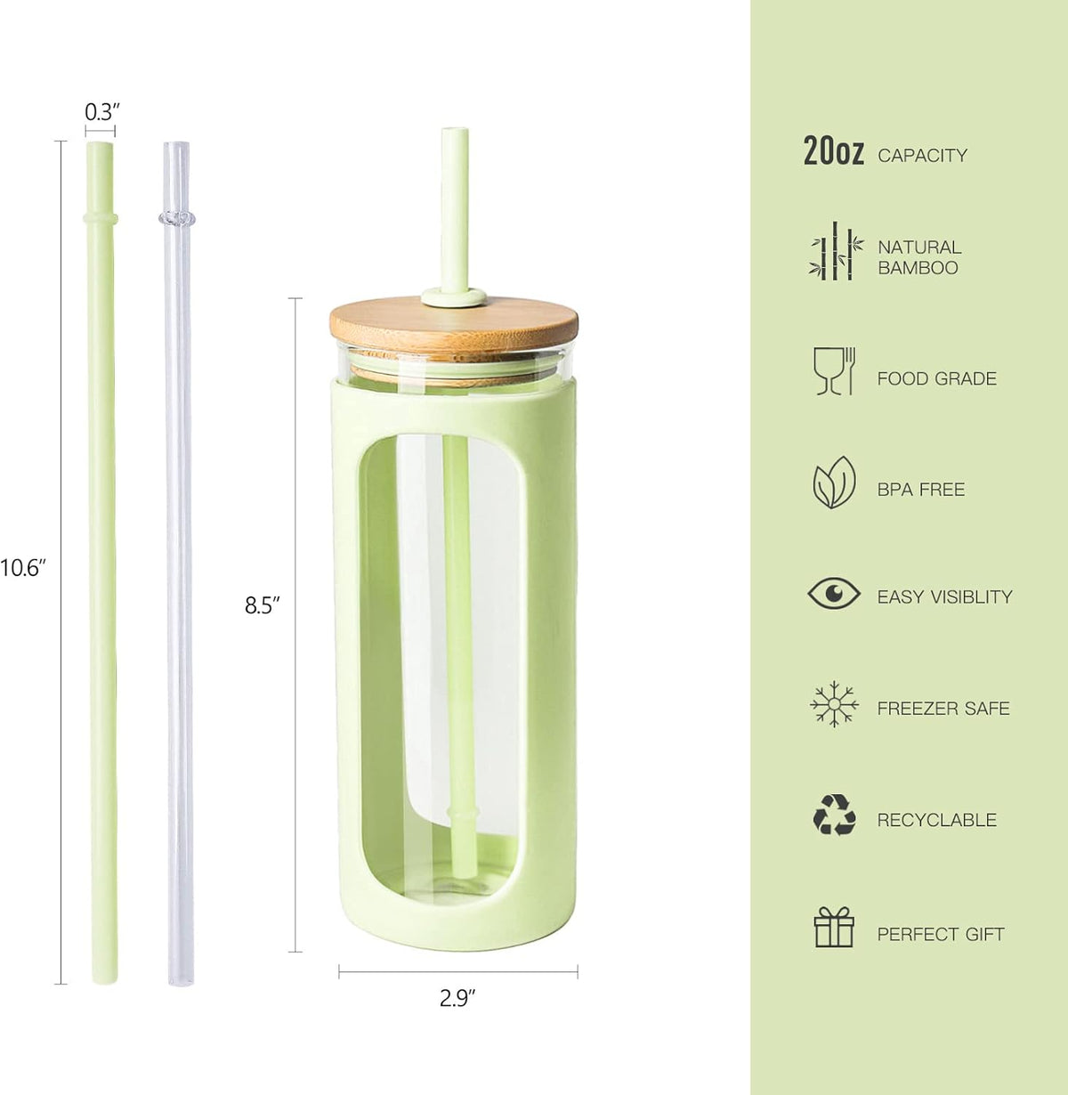 Kodrine 20oz Glass Tumbler with Straw and Lid, Iced Coffee Cups with Bamboo Lids, Glass Cups for Cold Drinks, Smoothie Cup with Silicone Sleeve for Travel, Work, BPA FREE-MintCream