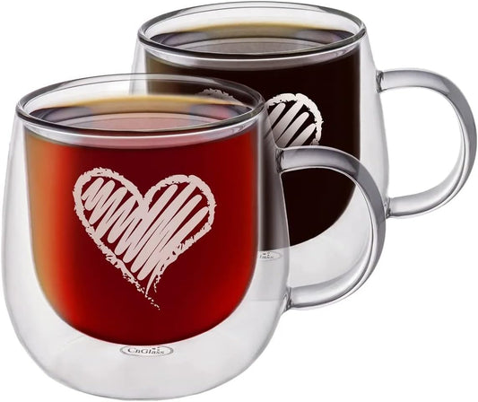 CNGLASS Double Walled Glass Coffee Mugs 10oz,Large Insulated Espresso Cups,Set of 2 Clear Glasses Cappuccino Mug with Handle(Tea Latte Glassware)