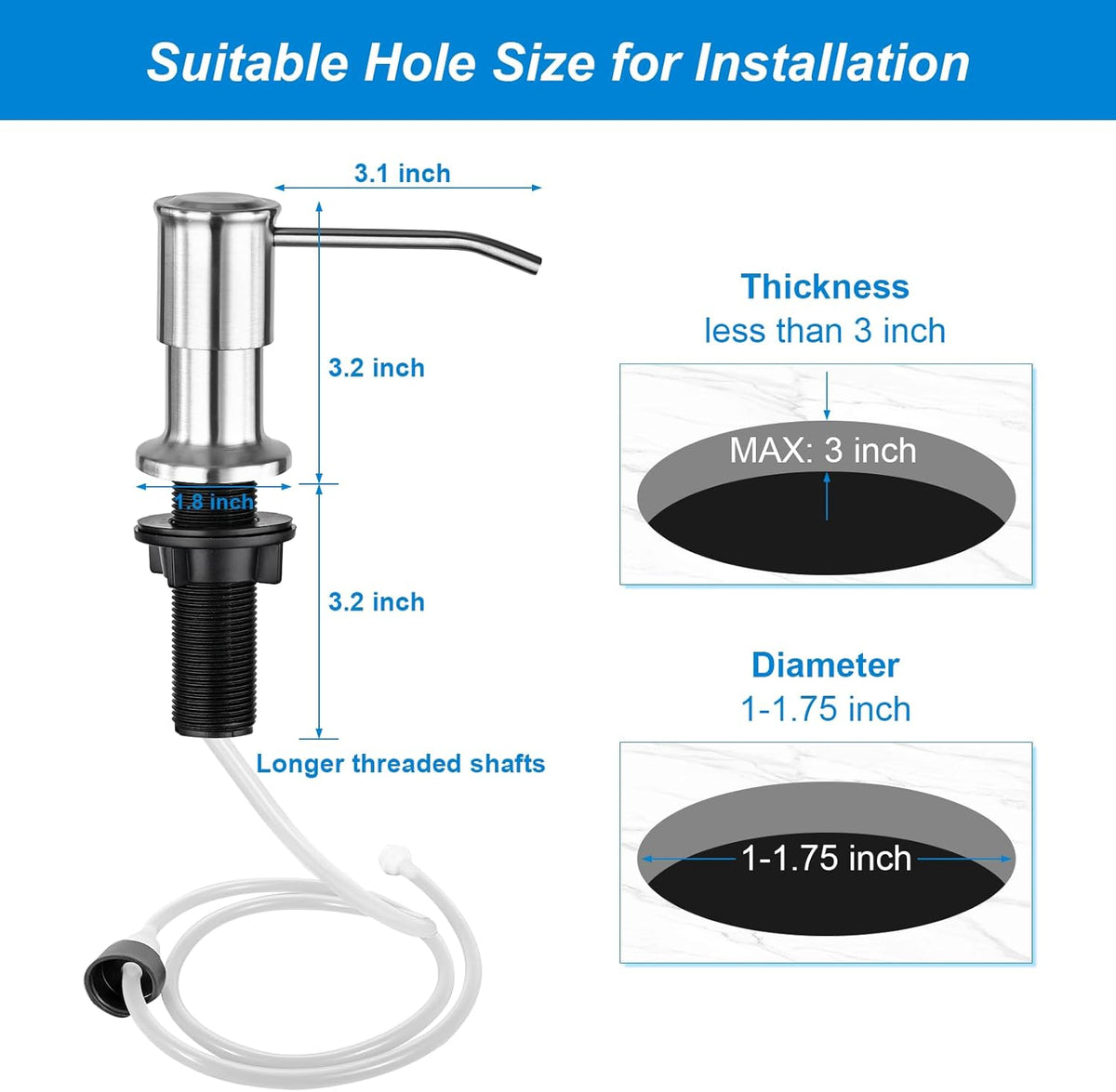 Soap Dispenser for Kitchen Sink, Upgrade Built in Sink Soap Dispenser Brushed Nickel, Countertop Sink Soap Dispenser Pump with 47" Extension Tube kit, No Need More Refills