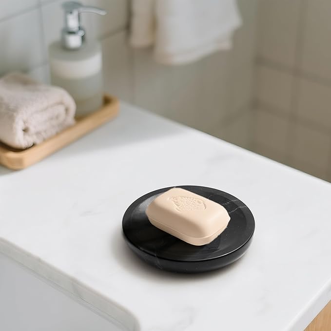 WORHE Marble Soap Dish Italy Natural Stone Sponge Holder for Bathroom Tub Shower Kitchen Sink, Handcraft Round Soap Case Organizer Trinket Plate Jewelry Tray Coaster for Home Decor Black (DL007)