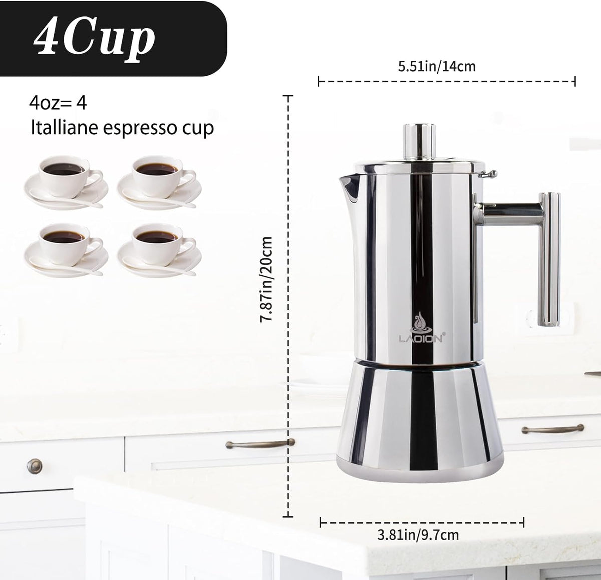 Stovetop Espresso Maker, 4Cup 6.8 oz Moka Pot, Stainless Steel Cuban and Italian Coffee Maker for Cafetera Cubana, Greca De Cafe Induction Stovetop Compatible, Coffee Gift for Home Travel