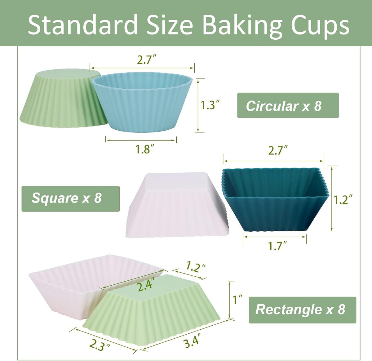 24Pack Silicone Muffin Cups, Reusable Cupcake Liners Molds for Baking, 3 Shapes Lunch Box Bento Dividers-Round, Square, and Rectangular (Neutral Colors, Regular Size)